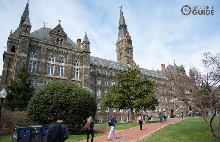 students walking across campus