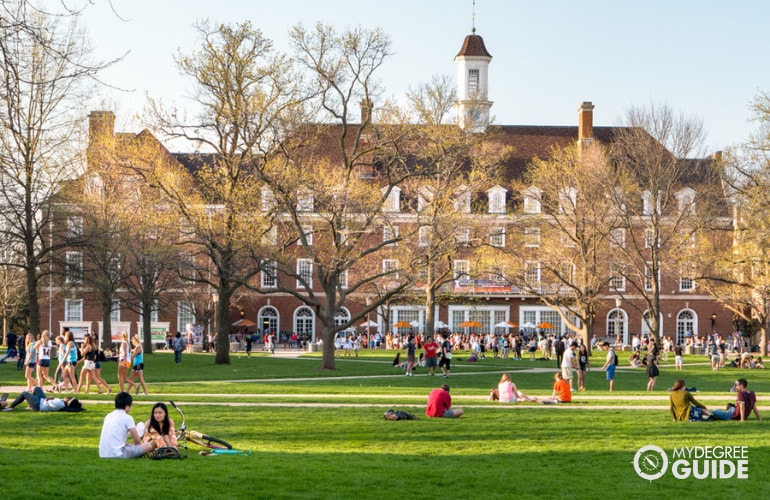 university campus with students