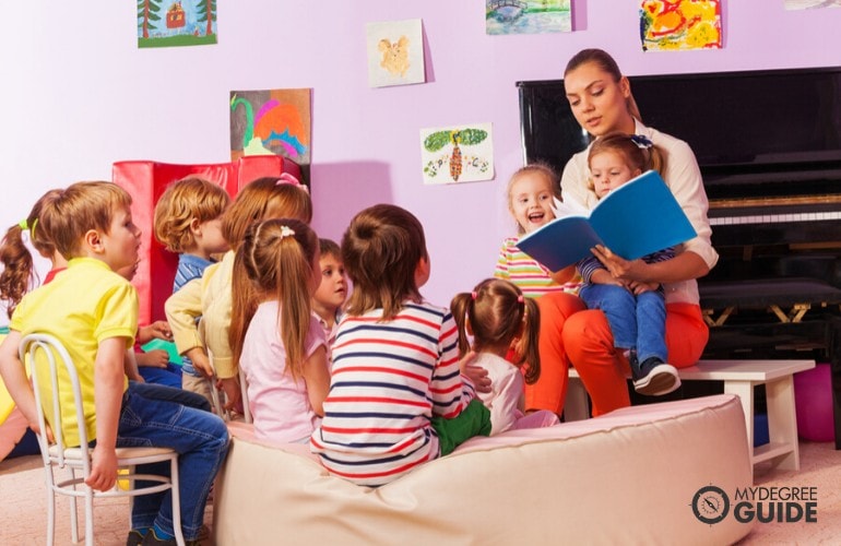 Preschool teacher teaching young students