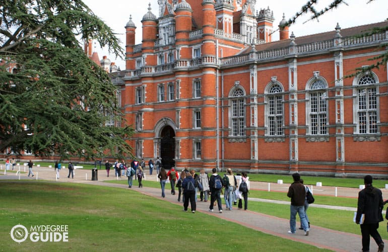 students walking into school building