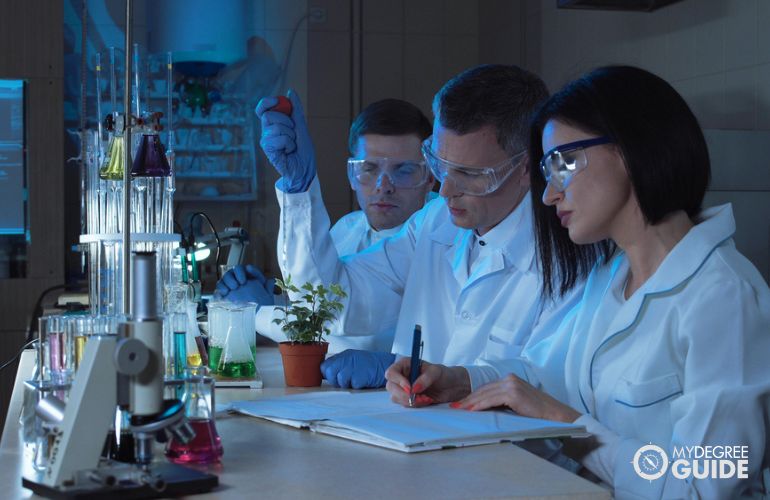 Biotech Masters students experiementing in a lab