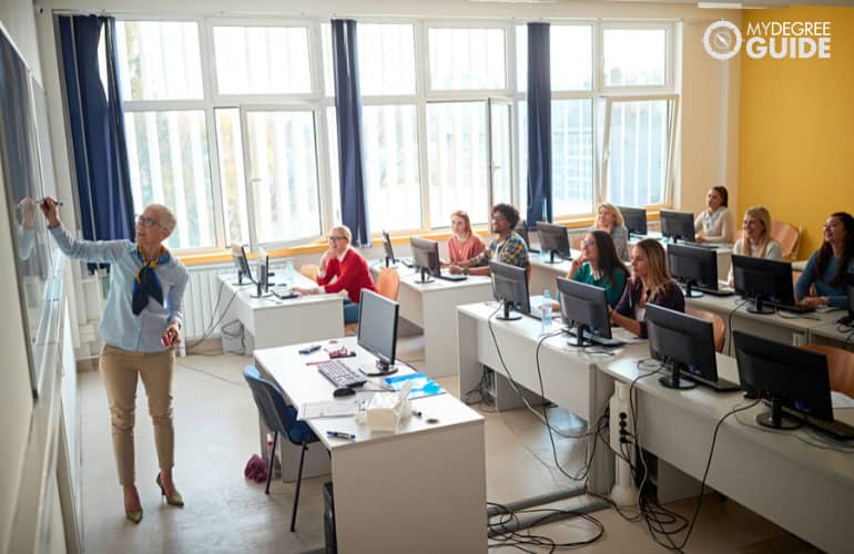 teacher and students in university classroom