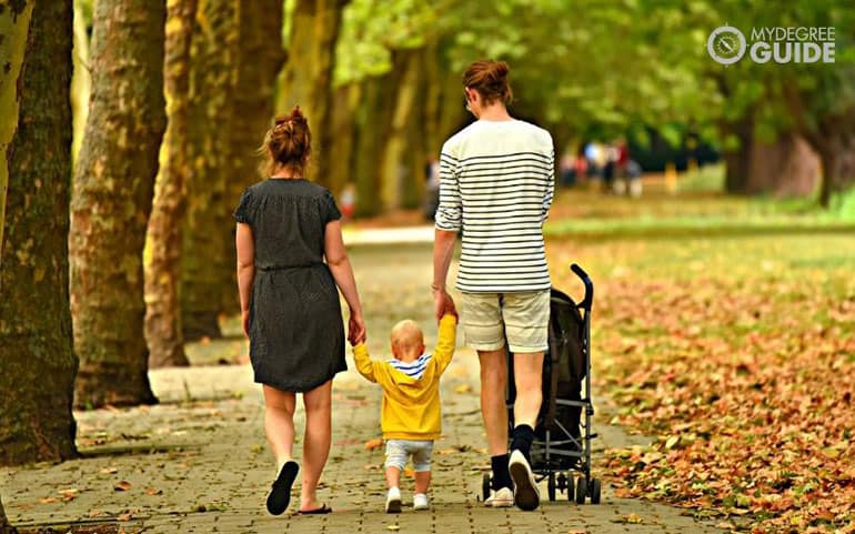 young family walking in the park