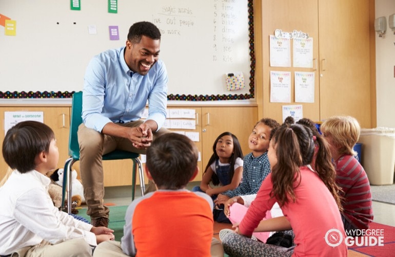 Elementary Education Teacher telling s story to his students in class