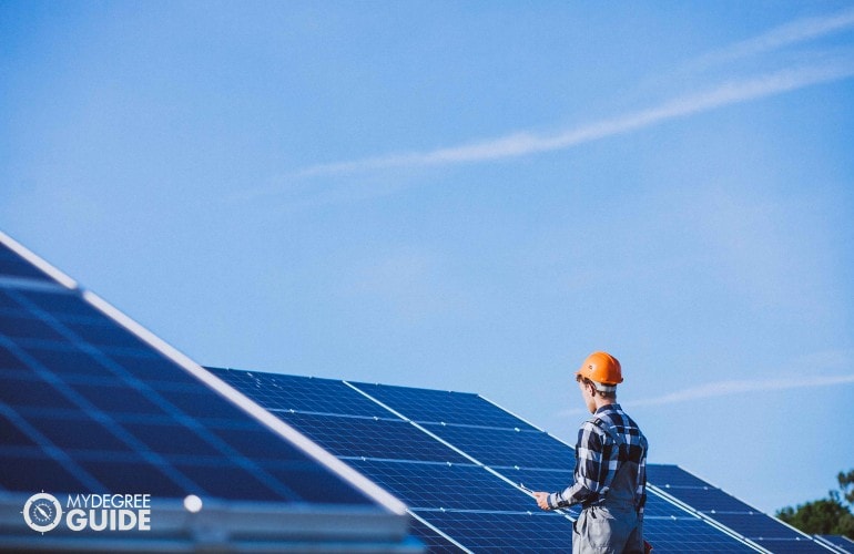 man checking the solar panels