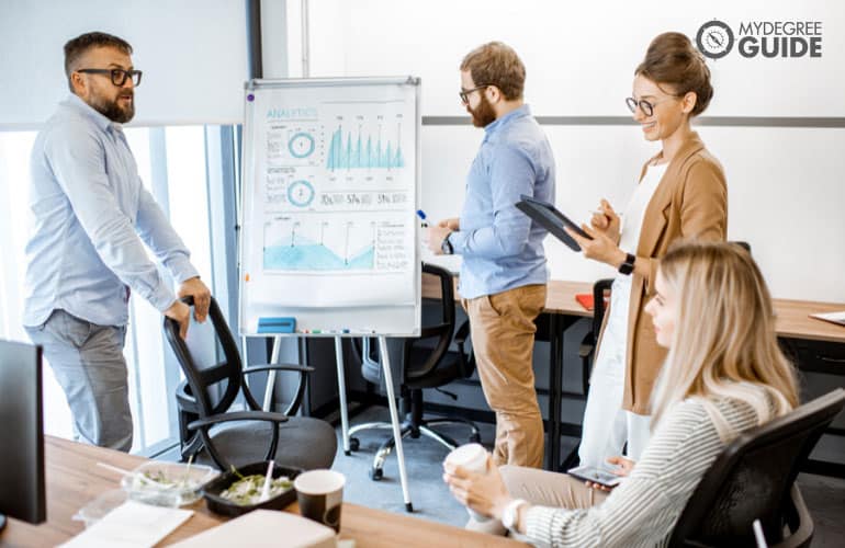 financial manager having a meeting with his team in an office