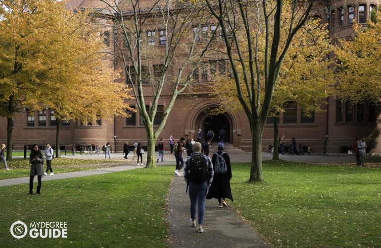 students walking across campus