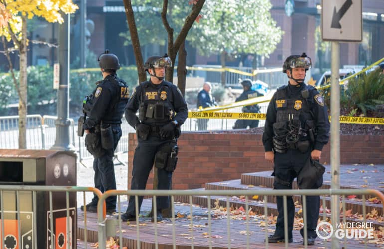 homeland security police officers securing the downtown area