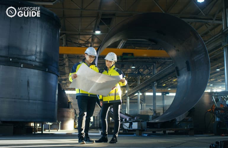 Industrial Engineers looking at a plan in a manufacturing factory