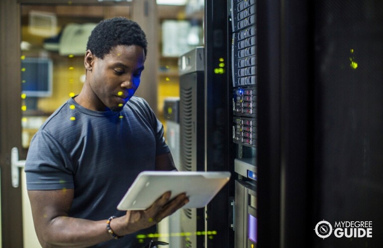 IT specialist checking the data center