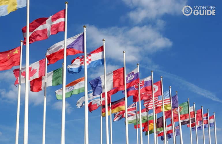 world flags in a university campus