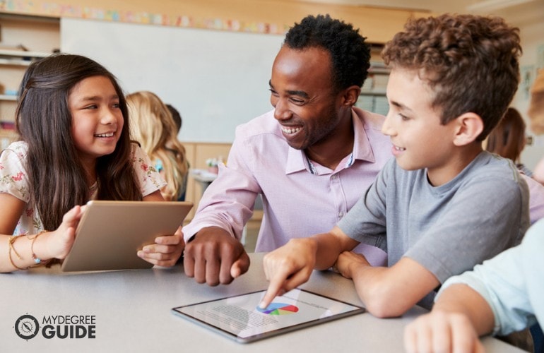 Elementary teacher teaching his students in class