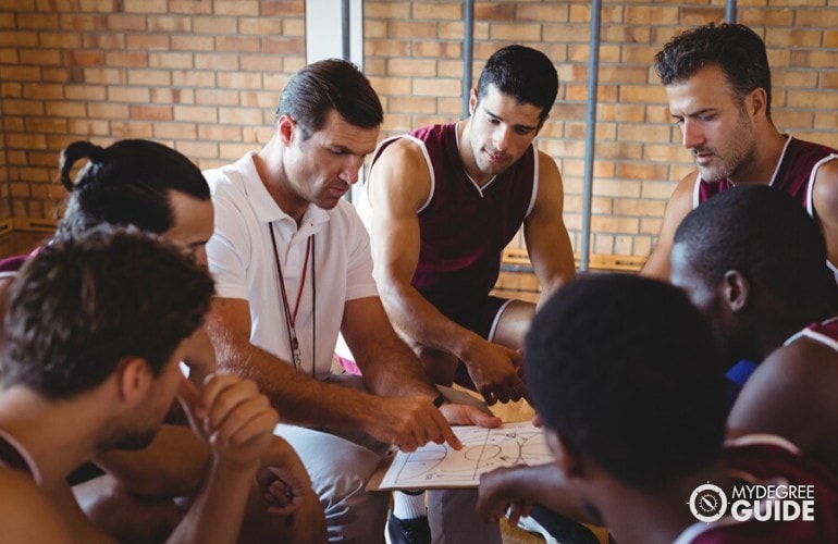 Basketball coach talking to his team