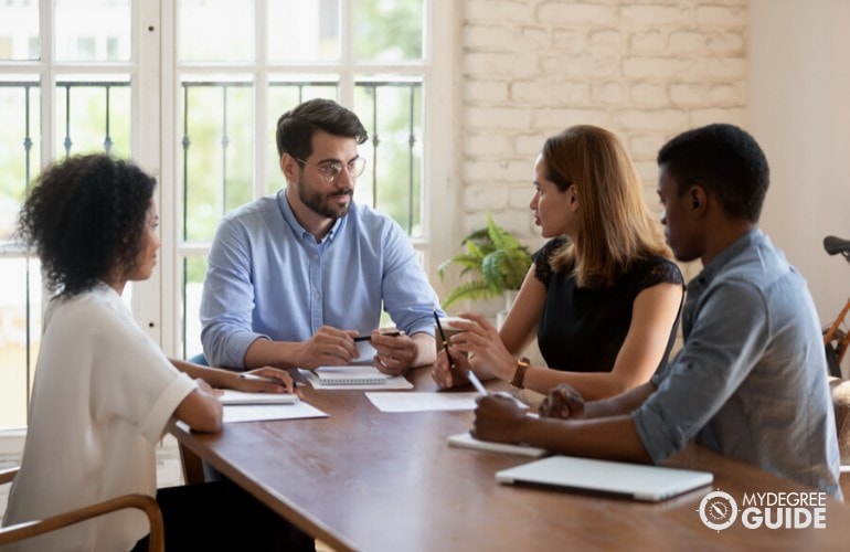 marketing team discussing ideas during a meeting