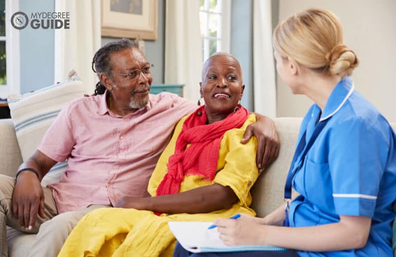 home-care service coordinator interviewing an elderly couple