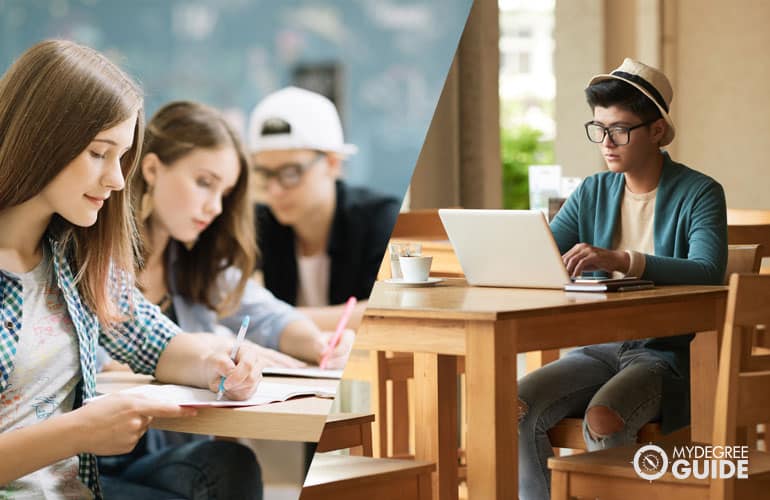 students studying in a classroom and someone studying on their own with a computer open