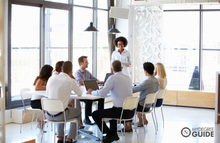 team of professional employees meeting in a modern office