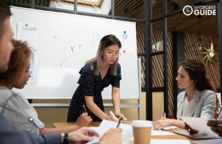 project manager discussing with her team