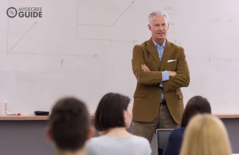 professor discussing in a university classroom