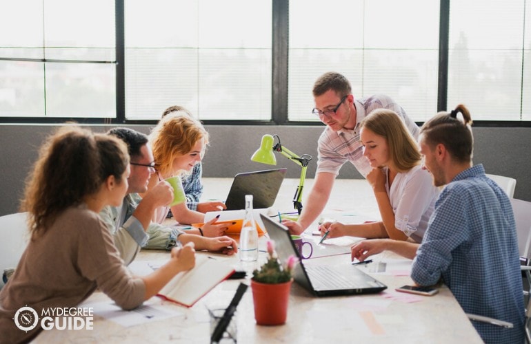 team of professionals for a start up company having a meeting for their social media promotion