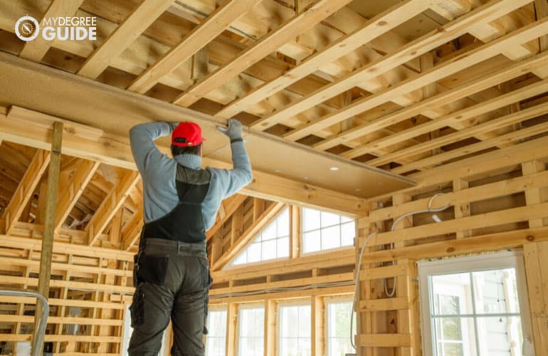 construction worker installing thermal insulation in a home