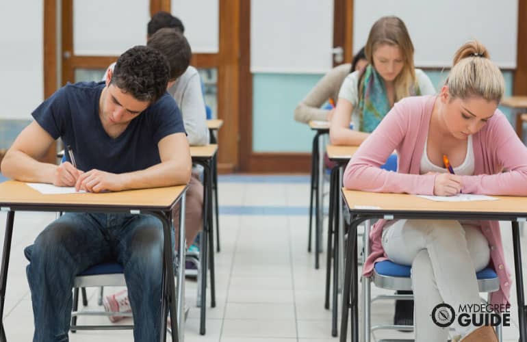 university students taking a test