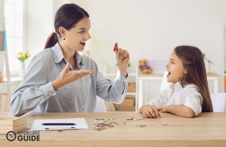 Speech-language pathologists doing speech test with a child